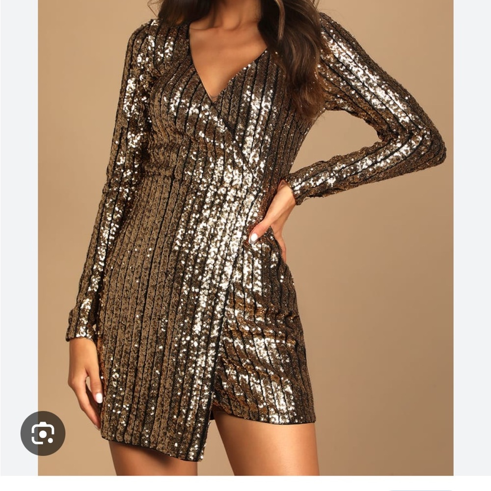 Lulus Party Starts Now Gold Sequin Long Sleeve Tulip Mini Dress